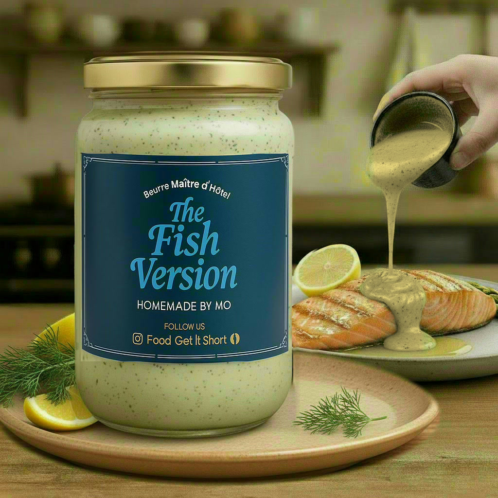 Jar of The Fish Version beside grilled salmon and lemon