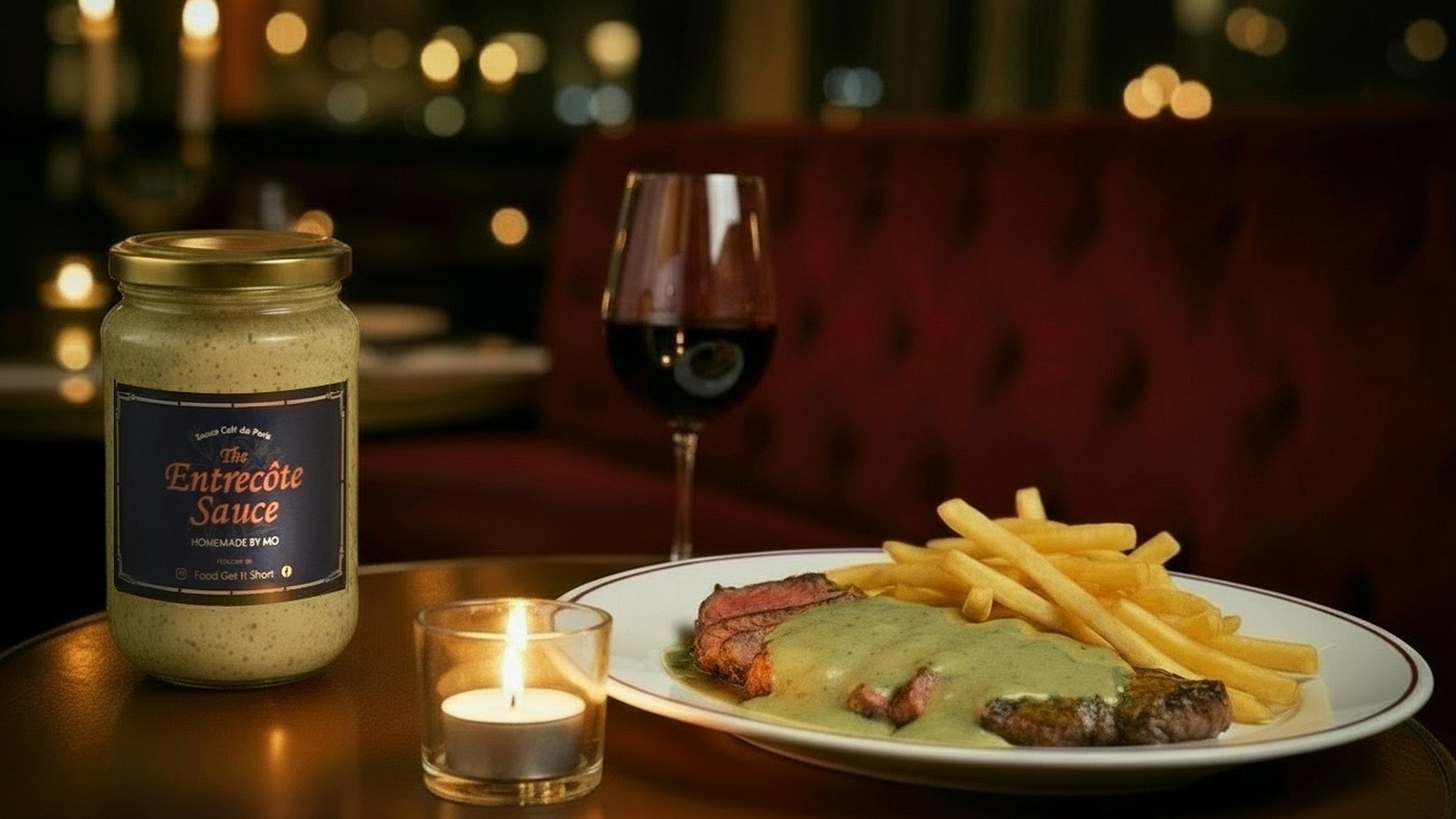 A jar of The Entrecôte Sauce beside sliced entrecôte covered in green herb butter sauce, fries and red wine, in a candlelit bistro