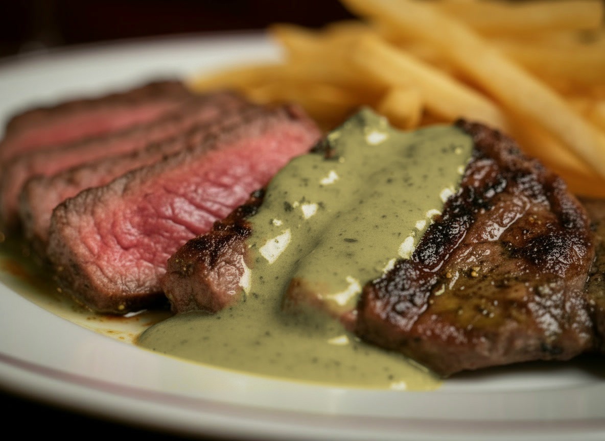 Close-up of glossy, warm Entrecôte Sauce melting over slices of medium-rare entrecôte