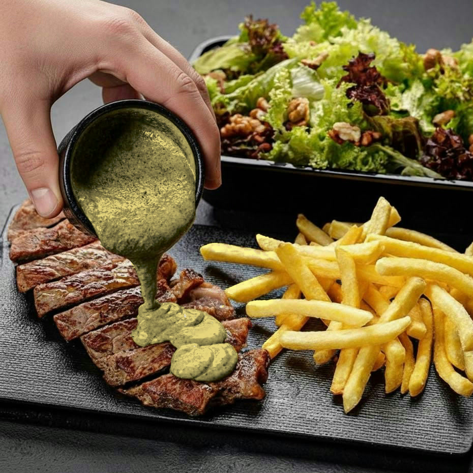 Warm green Entrecôte Sauce being poured over sliced steak, with fries and a walnut salad